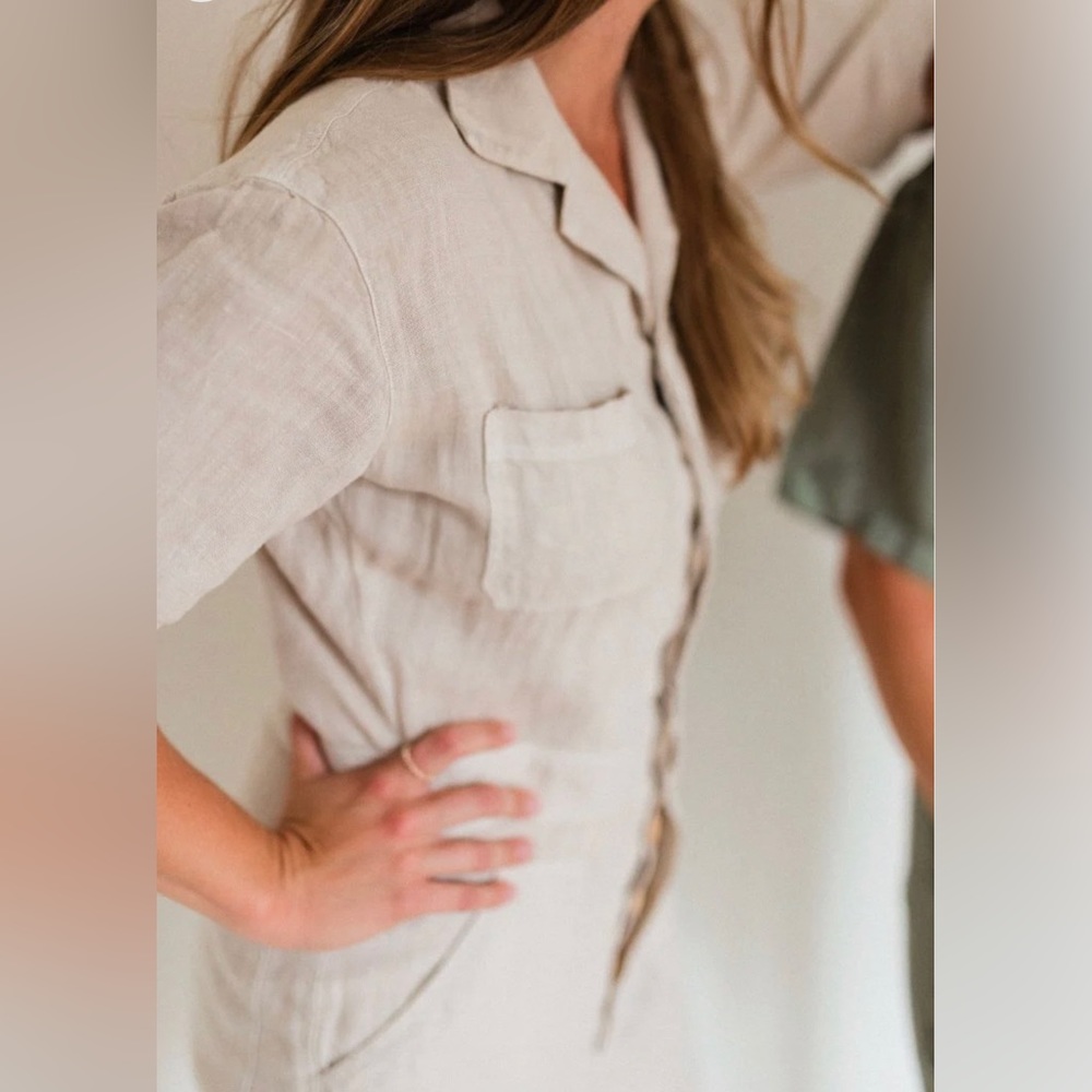 NWT Mate The Label 100% Organic Linen Natural Short Sleeve Button Up Jumpsuit - Picture 4 of 10